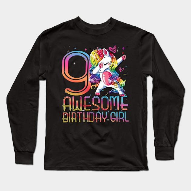 9th Birthday Girl 9 Years Old Awesome Unicorn Dabbing Bday Long Sleeve T-Shirt by The Design Catalyst